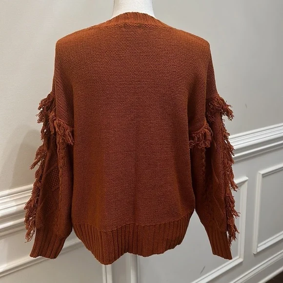 Ana Copper Burnt Orange Thick Knit Sweater with Fringe Sleeves size S - Picture 6 of 8